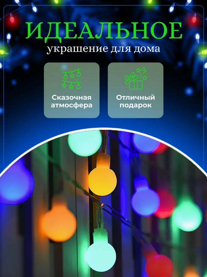 Гирлянда шарики матовые разноцветные от сети новогодняя (4 метра, новогодняя гирлянда, 2025)