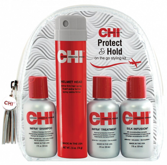 CHI INFRA PROTECT & HOLD Travel Kit Дорожный набор: Шампунь 59мл, Кондиционер 59мл, Лак экстрасильной фиксации Helmet Head 74г, Шелк Silk Infusion 59мл