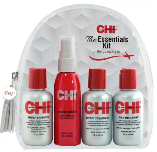 CHI INFRA THE ESSENTIAL Travel Kit Дорожный: Шампунь 59мл, Кондиционер 59мл, Термозащитный спрей 44 Iron Guard 59мл, Шелк Silk Infusion 59мл