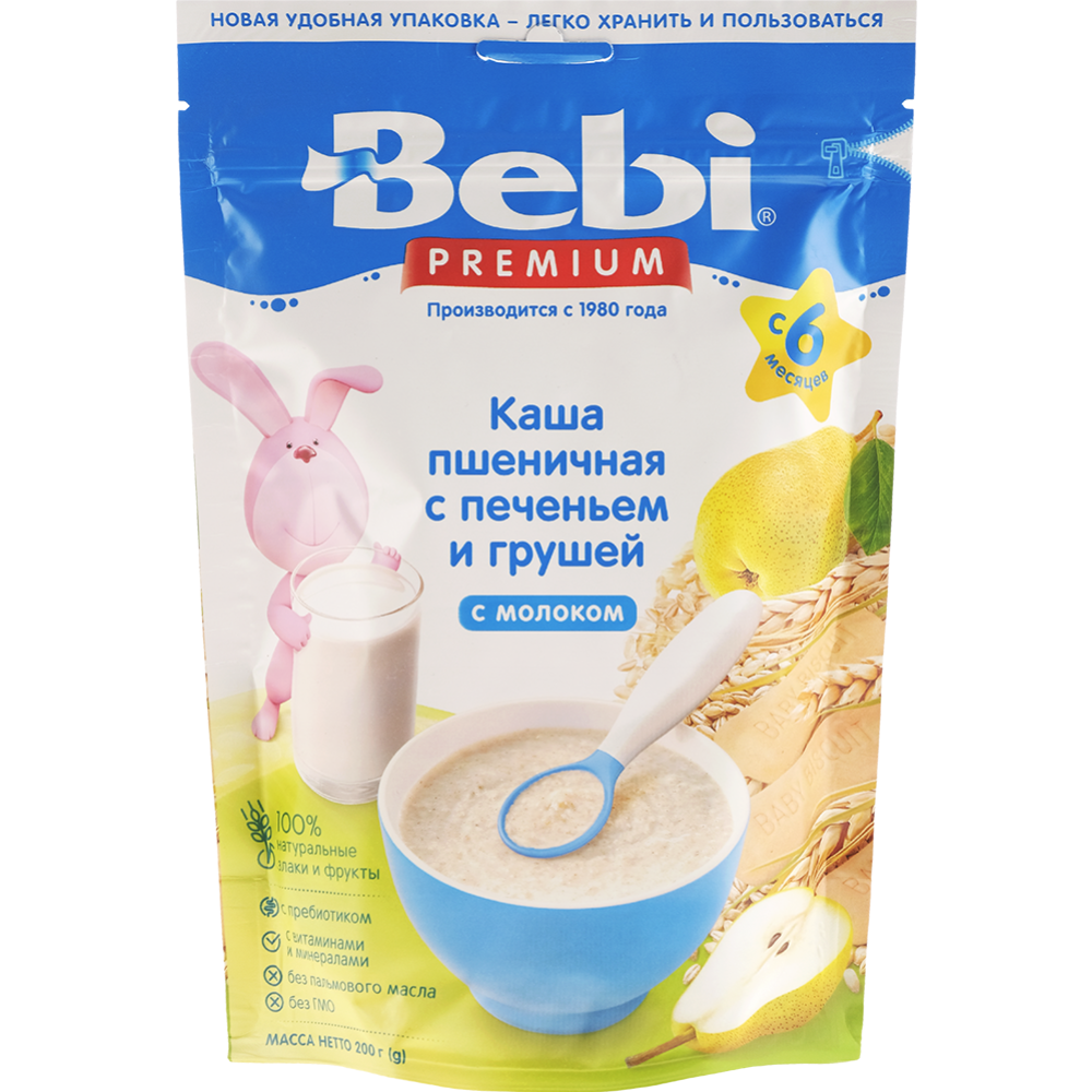 Каша молочная «Bebi Premium» пшеничная с печеньем и грушей, 200 г #0