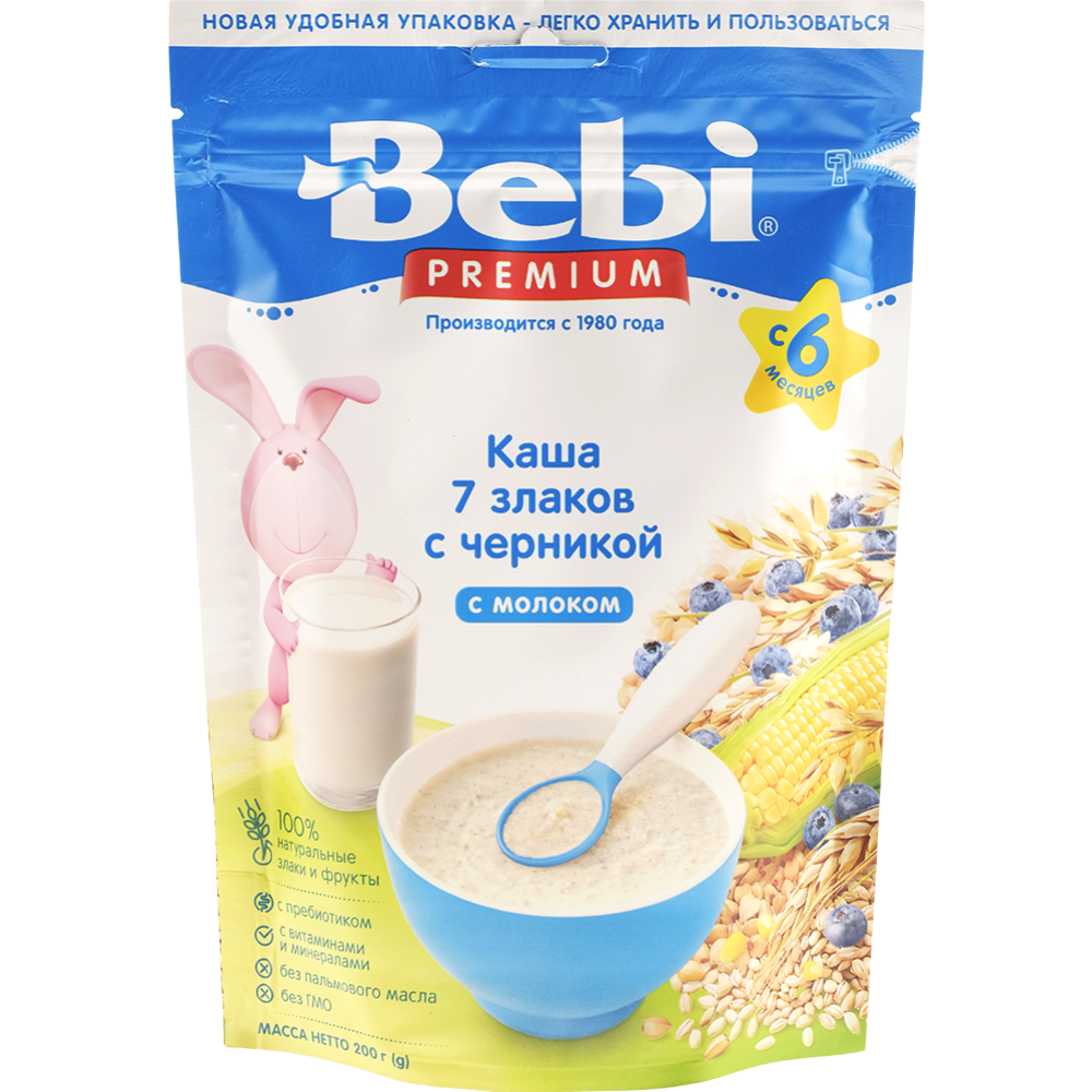 Каша молочная «Bebi Premium» 7 злаков с черникой, 200 г #0