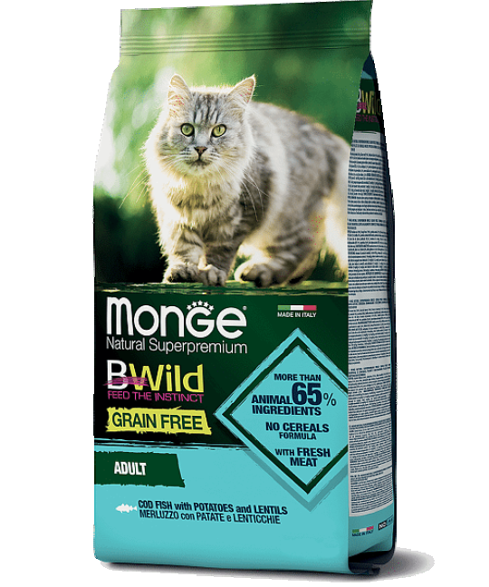 Сухой корм для кошек Monge Cat BWild GF LARGE с треской, беззерновой, 1,5 кг