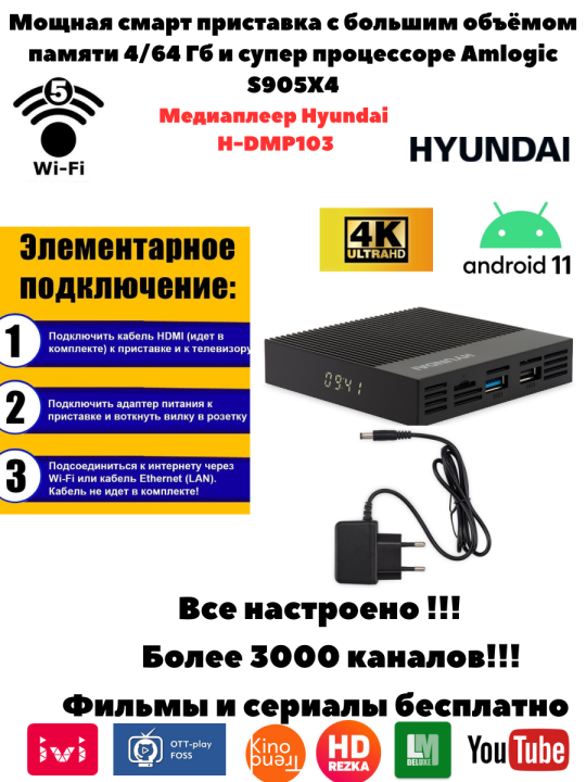 CмартТВ приставка  Hyundai H-DMP103 4/64Гб 4К на ОС Android TV