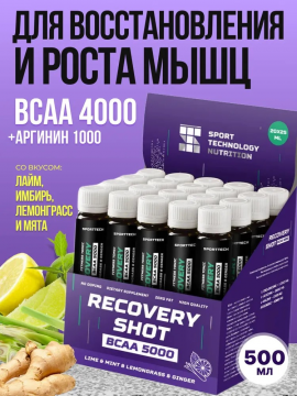 Аминокислоты жидкие BCAA 2:1:1 (БЦАА) "5000", "Лайм, имбирь, лемонграсс", 5 ампул по 25 мл, спортивное питание, для набора массы, выносливости