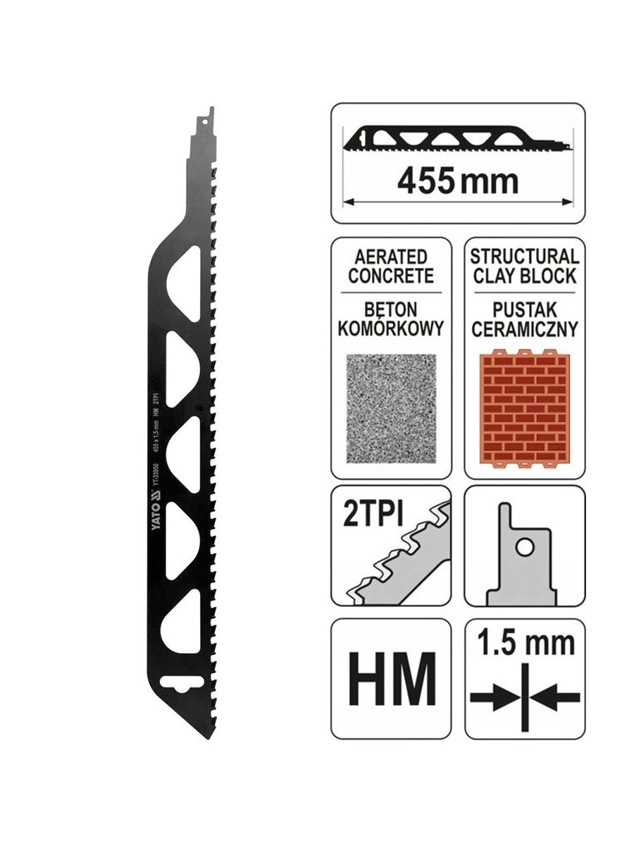 Полотно для сабельной пилы 1.5x455мм 2TPI HM (для резки газобетона и кирпича) Yato YT-33950