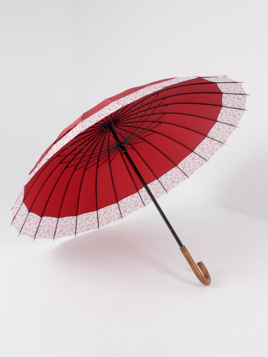 Зонт трость женский большой купол 24 спицы с деревянной ручкой механический прочный каркас красный