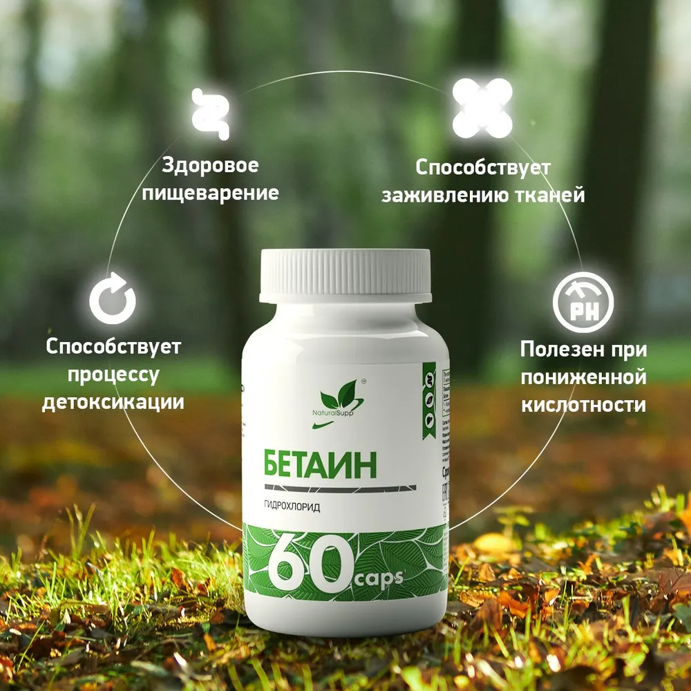 Бетаин 600 мг Natural Supp BETAINE HCL 60 капсул