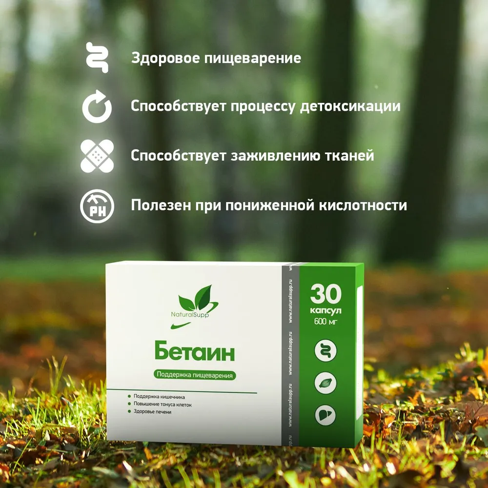 Бетаин 600 мг Natural Supp BETAINE HCL 30 капсул